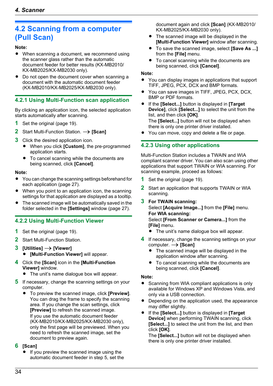 2 scanning from a computer (pull scan), 1 using multi-function scan application, 2 using multi-function viewer | 3 using other applications, Scanning from a computer (pull scan) | Panasonic KX-MB2030EX User Manual | Page 34 / 124