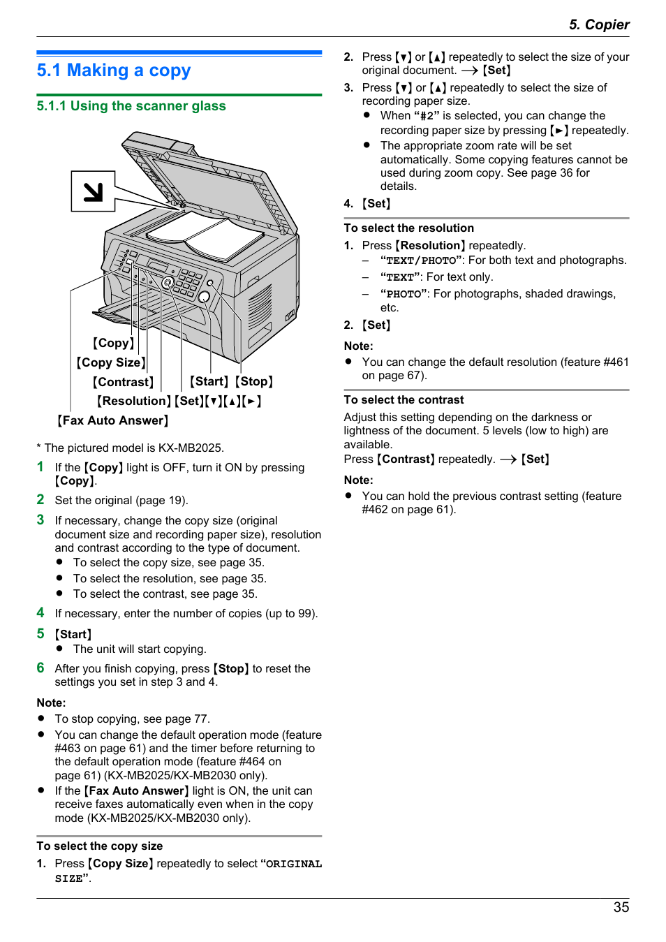 Copier, Copy, 1 making a copy | 1 using the scanner glass, Making a copy | Panasonic KX-MB2030EX User Manual | Page 35 / 124