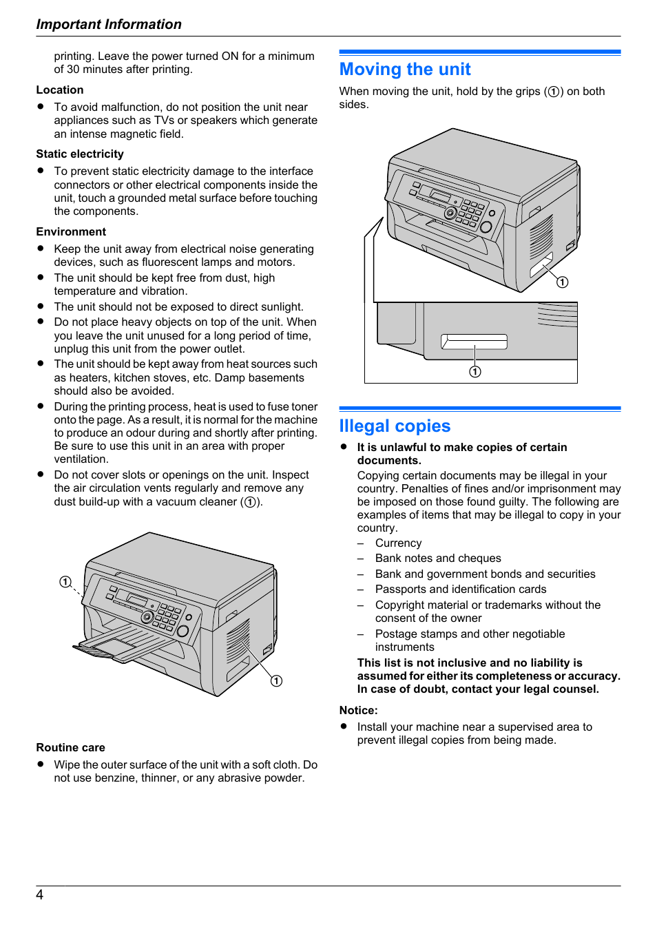 Moving the unit, Illegal copies | Panasonic KX-MB2030EX User Manual | Page 4 / 124