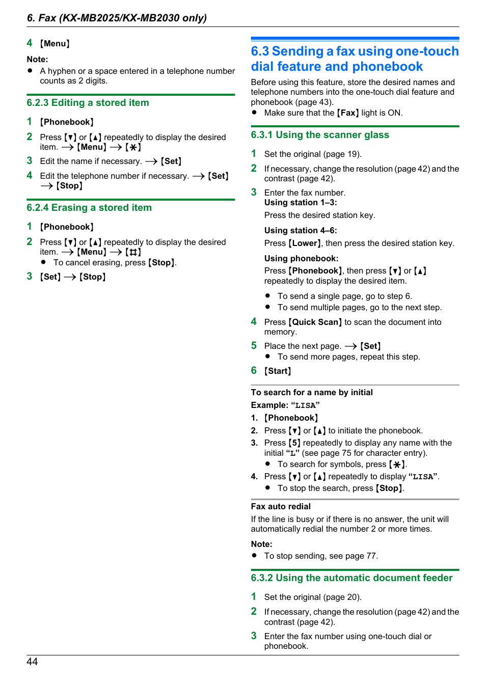 3 editing a stored item, 4 erasing a stored item, 1 using the scanner glass | 2 using the automatic document feeder | Panasonic KX-MB2030EX User Manual | Page 44 / 124