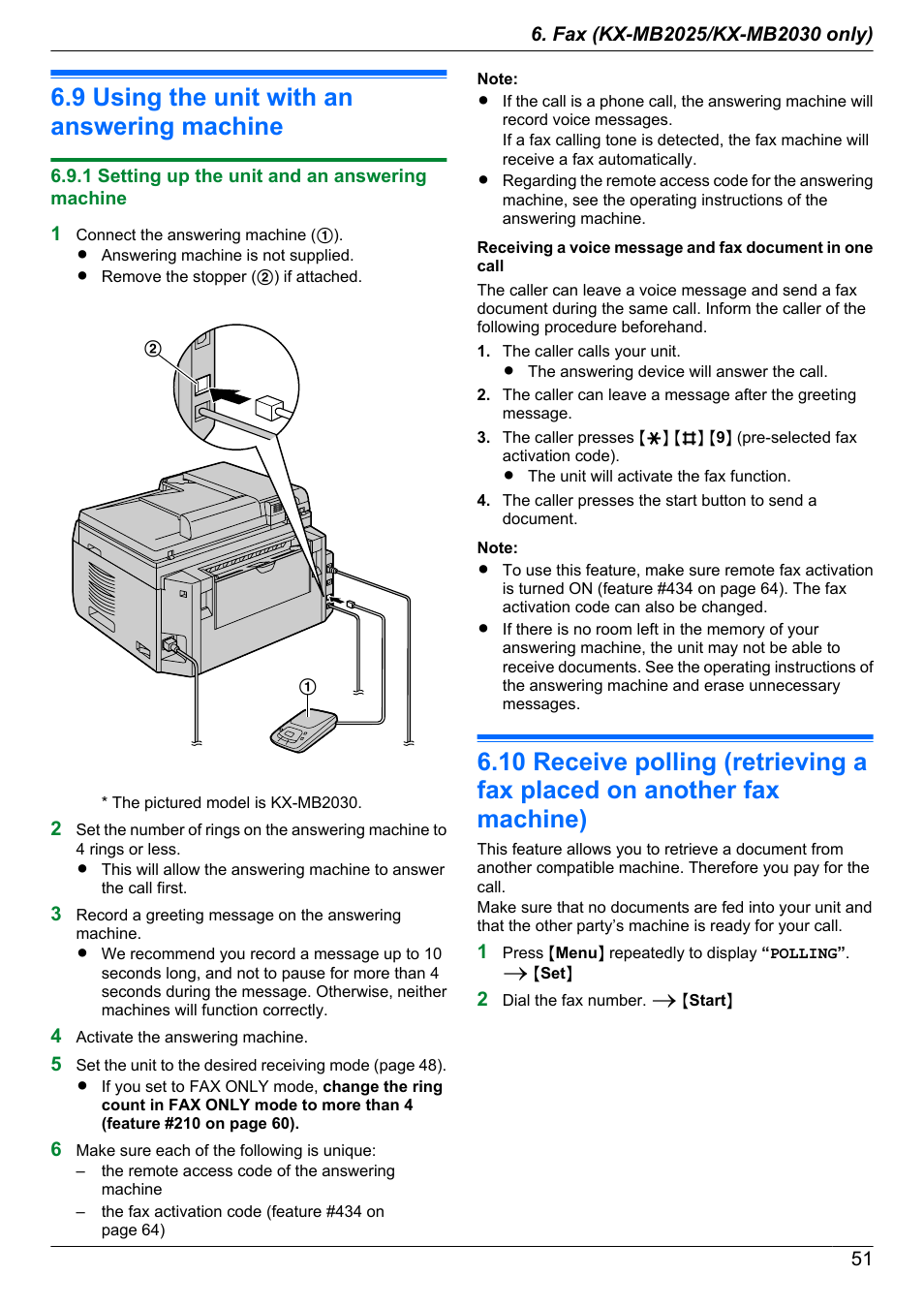 9 using the unit with an answering machine, 1 setting up the unit and an answering machine, Using the unit with an answering machine | Receive polling (retrieving a fax placed on, Another fax machine) | Panasonic KX-MB2030EX User Manual | Page 51 / 124