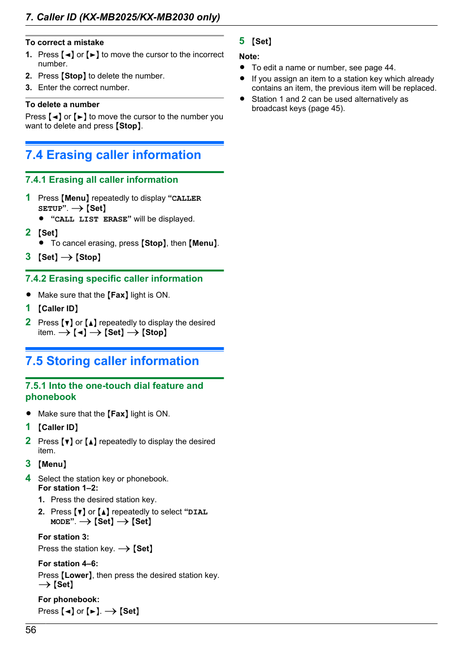 4 erasing caller information, 1 erasing all caller information, 2 erasing specific caller information | 5 storing caller information, 1 into the one-touch dial feature and phonebook, Erasing caller information, Storing caller information | Panasonic KX-MB2030EX User Manual | Page 56 / 124