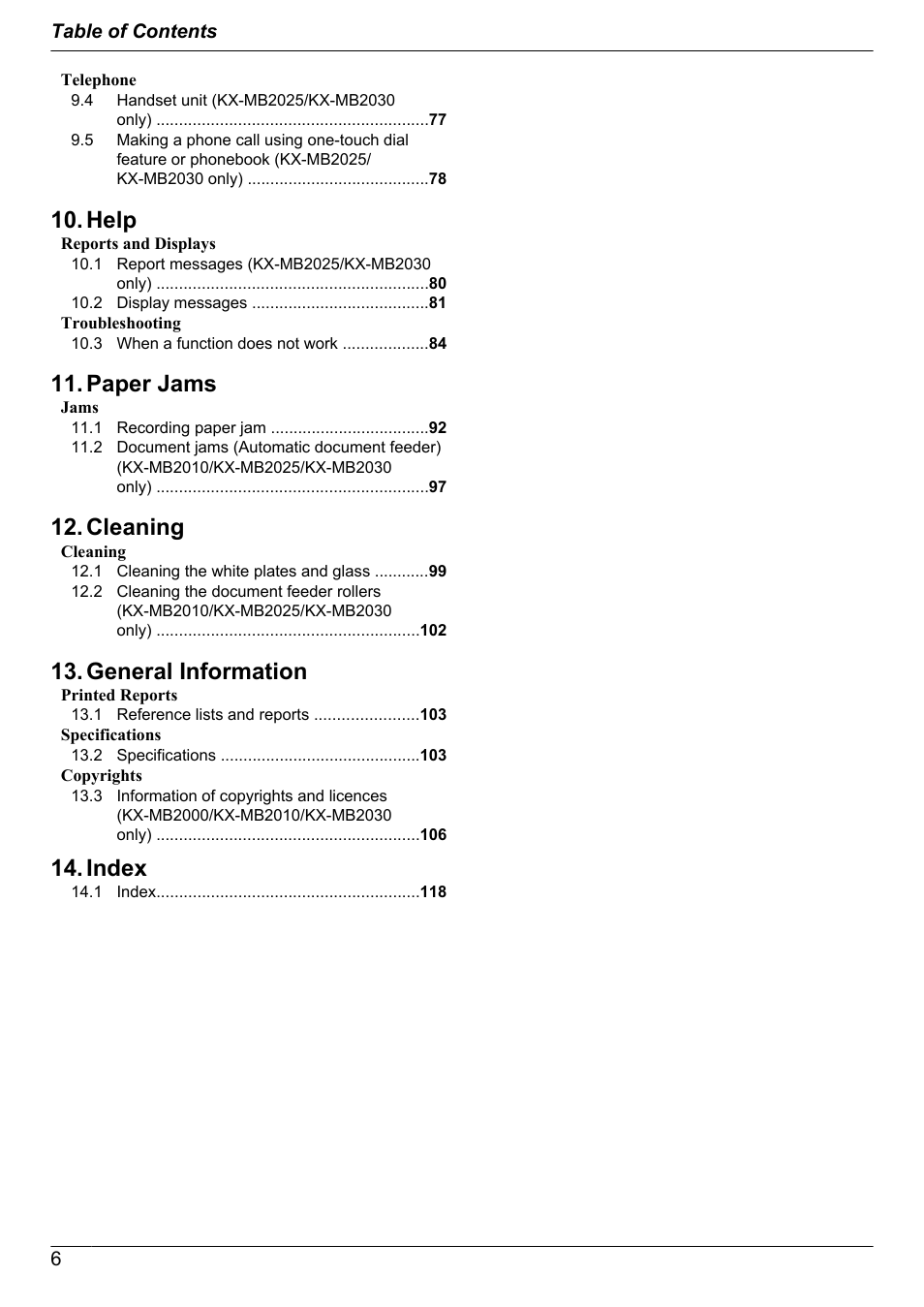 Help, Paper jams, Cleaning | General information, Index | Panasonic KX-MB2030EX User Manual | Page 6 / 124