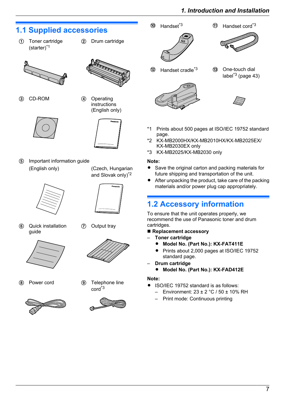 Introduction and installation, Accessories, 1 supplied accessories | 2 accessory information, Supplied accessories, Accessory information | Panasonic KX-MB2030EX User Manual | Page 7 / 124