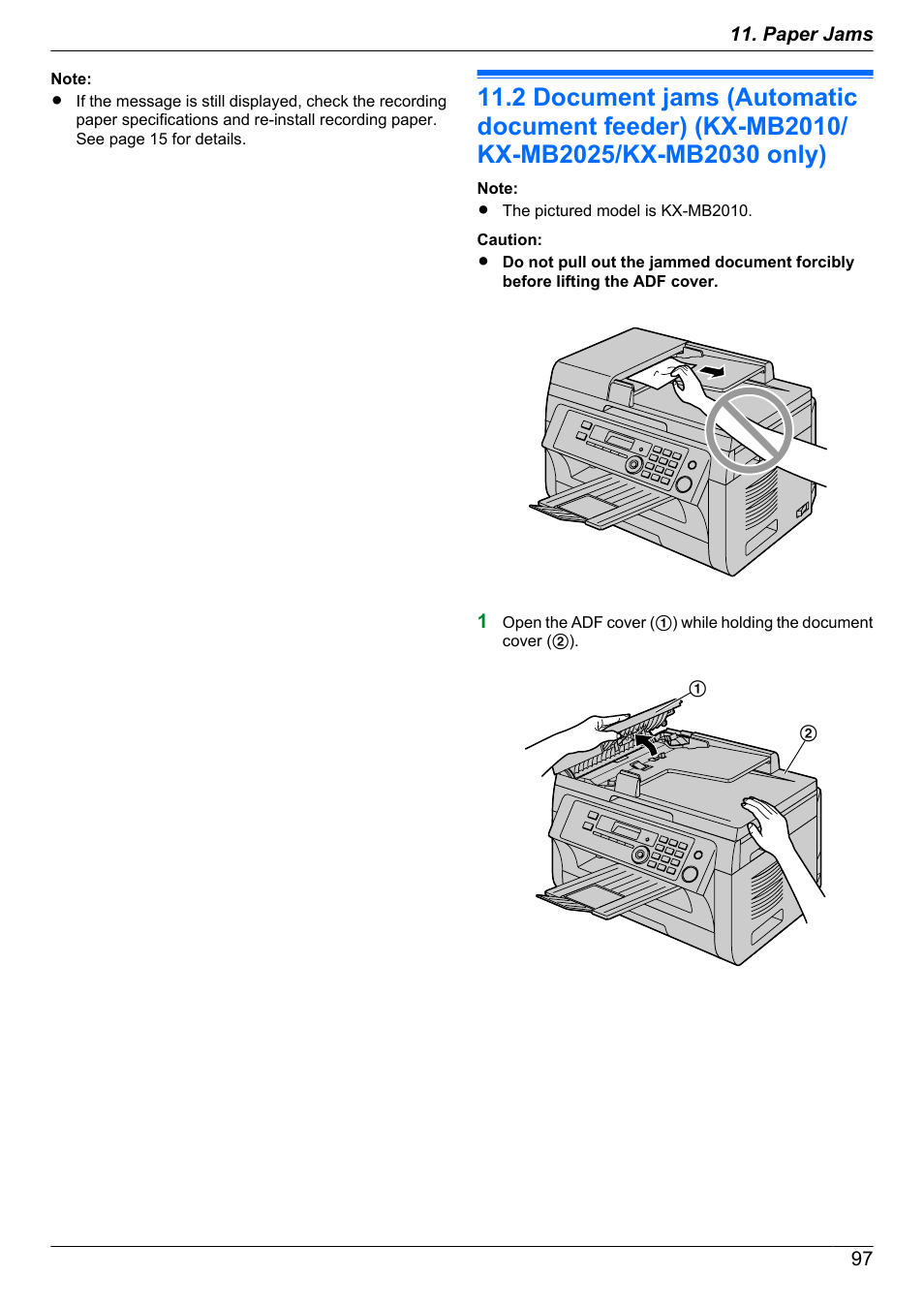 Document jams (automatic document feeder), Kx-mb2010/kx-mb2025/kx-mb2030 only) | Panasonic KX-MB2030EX User Manual | Page 97 / 124