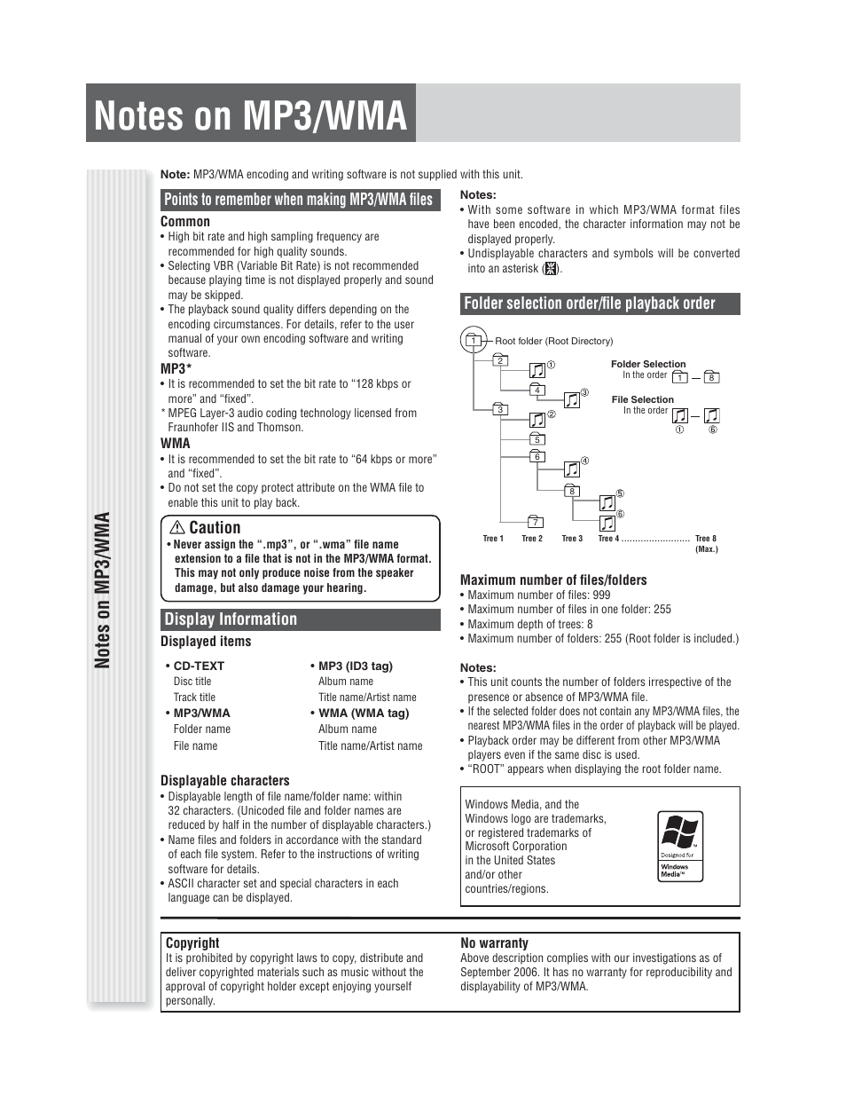 Folder selection order/ﬁ le playback order, Caution, Points to remember when making mp3/wma ﬁ les | Display information | Panasonic CQ-C1305L User Manual | Page 10 / 24