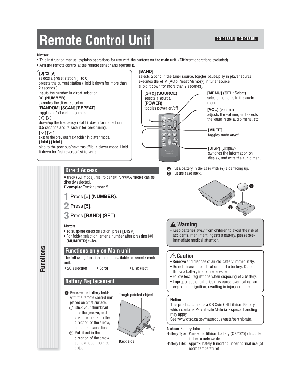 Remote control unit, Functions | Panasonic CQ-C1305L User Manual | Page 11 / 24