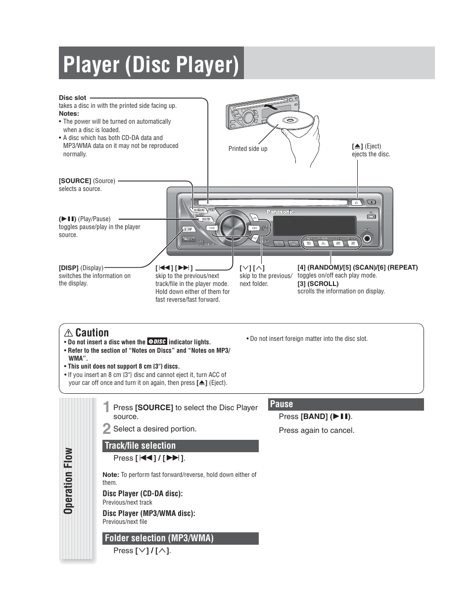 Player (disc player), Operation flow, Caution | Panasonic CQ-C1305L User Manual | Page 16 / 24