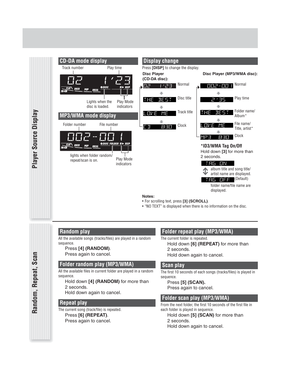 Player source display random, repeat, scan | Panasonic CQ-C1305L User Manual | Page 17 / 24