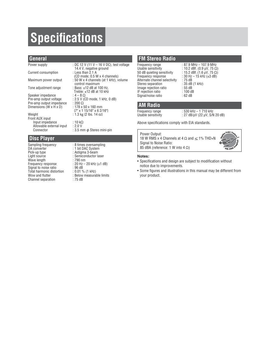 Speciﬁ cations, General, Disc player | Fm stereo radio, Am radio | Panasonic CQ-C1305L User Manual | Page 19 / 24