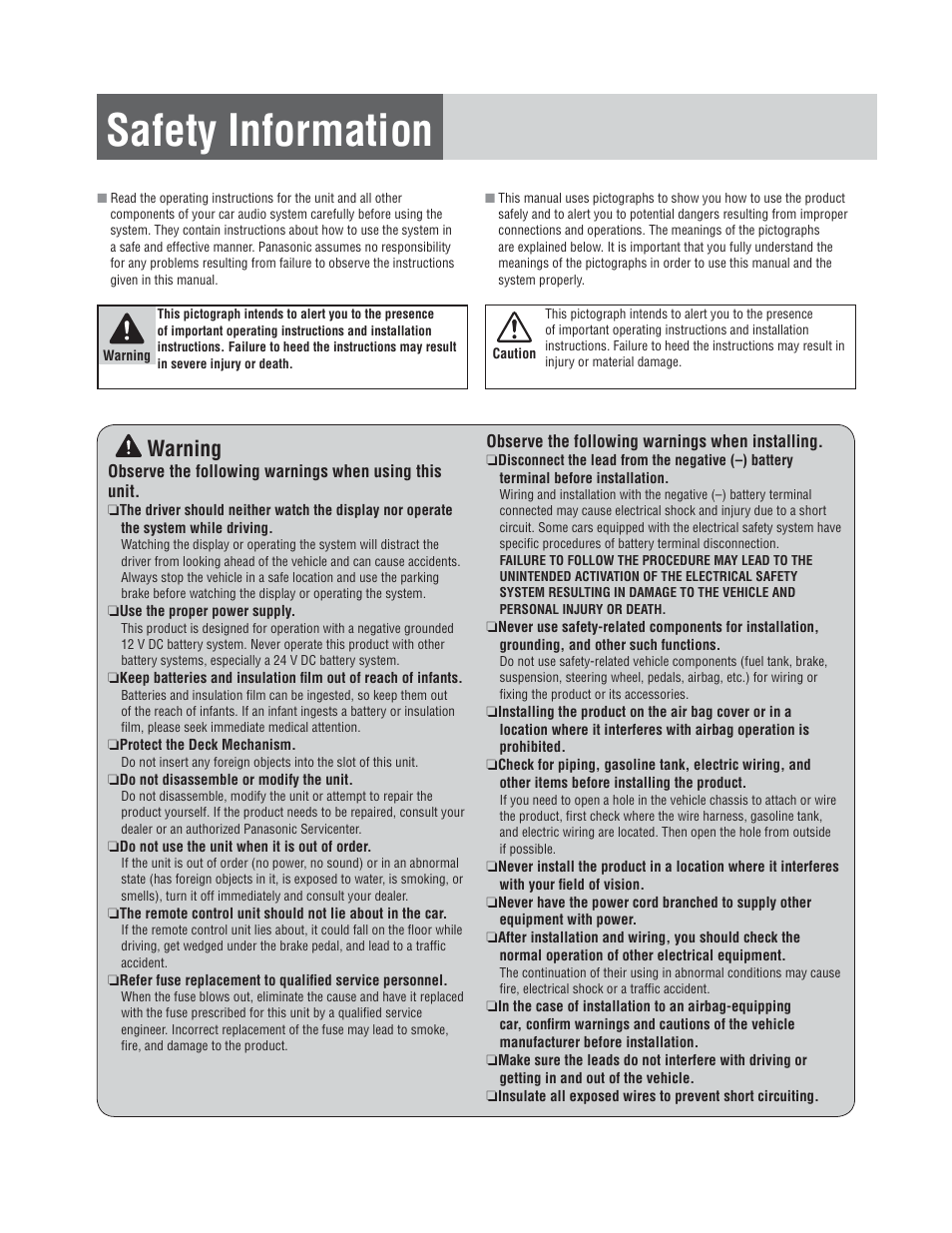 Safety information, Warning | Panasonic CQ-C1305L User Manual | Page 2 / 24