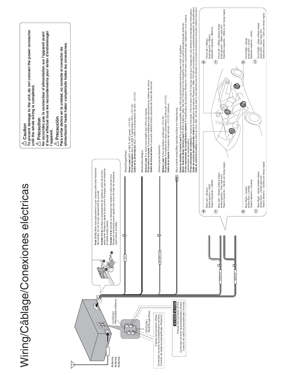 Wir ing/câb lage/cone xiones eléctr icas, Caution, Précaution | Precaución | Panasonic CQ-C1305L User Manual | Page 23 / 24
