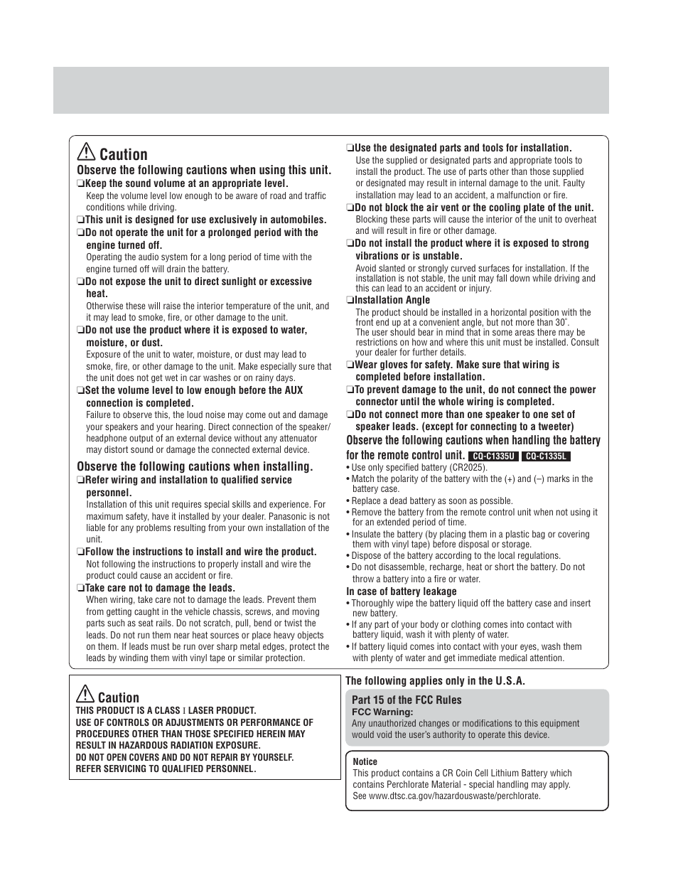 Caution | Panasonic CQ-C1305L User Manual | Page 3 / 24