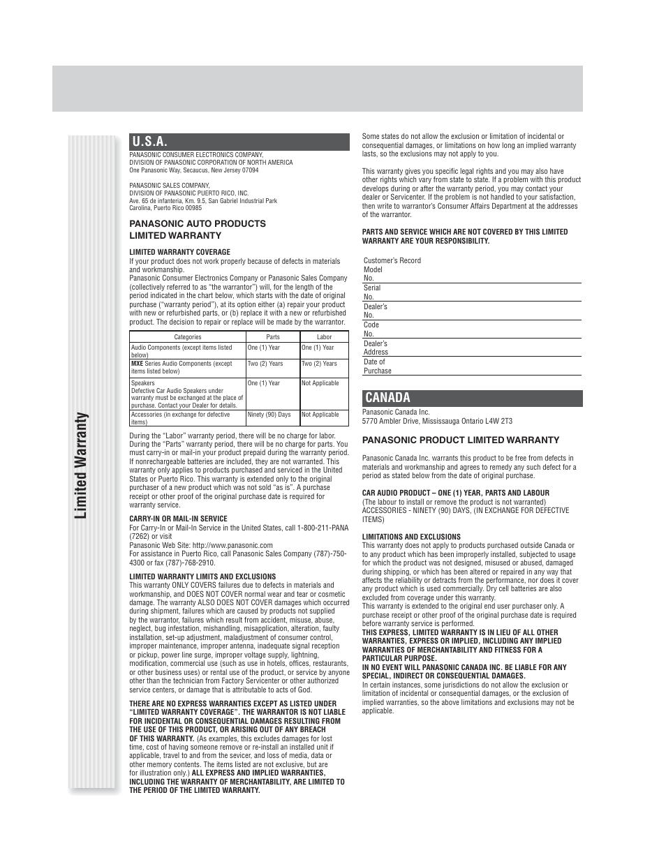 Limited w arranty, U.s.a, Canada | Panasonic CQ-C1305L User Manual | Page 5 / 24