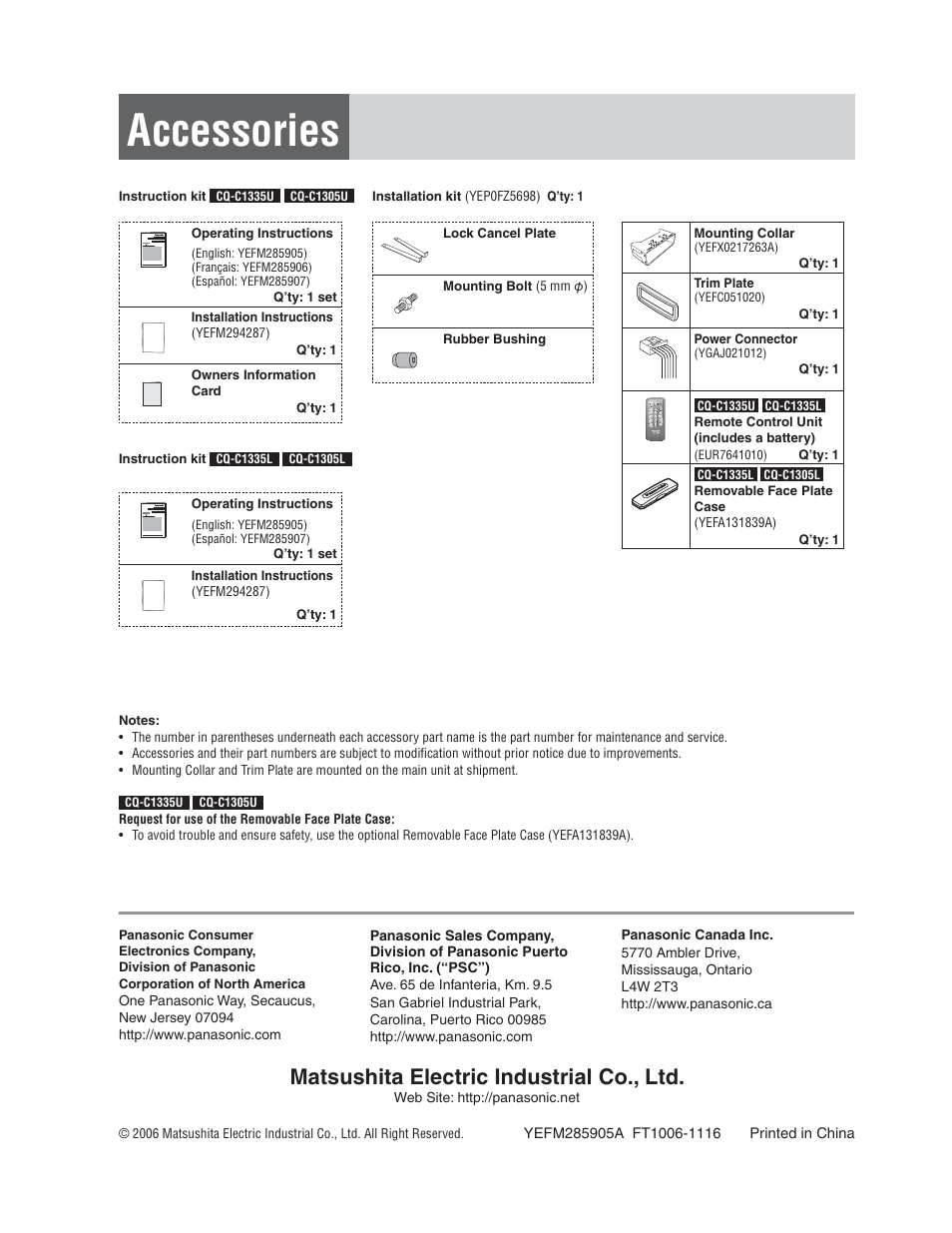 Accessories, Matsushita electric industrial co., ltd | Panasonic CQ-C1305L User Manual | Page 6 / 24
