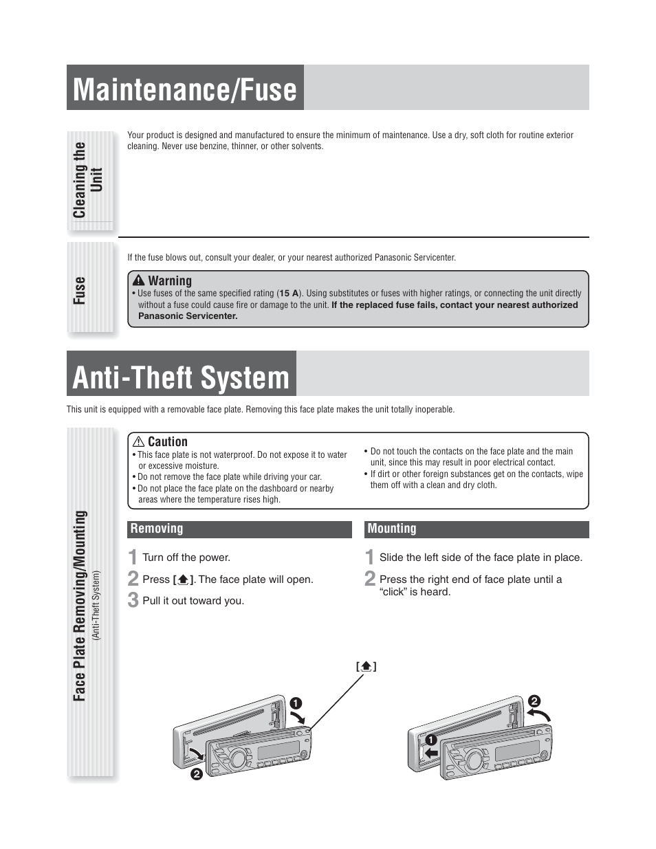 Maintenance/fuse, Anti-theft system | Panasonic CQ-C1305L User Manual | Page 8 / 24