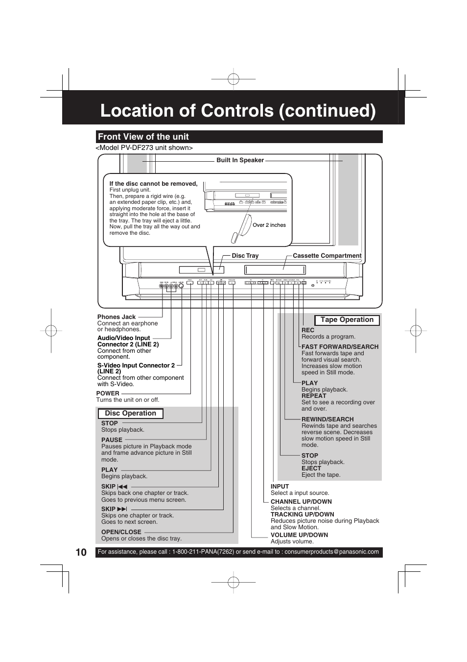 Location of controls (continued), Front view of the unit | Panasonic PV-DF273 User Manual | Page 10 / 76