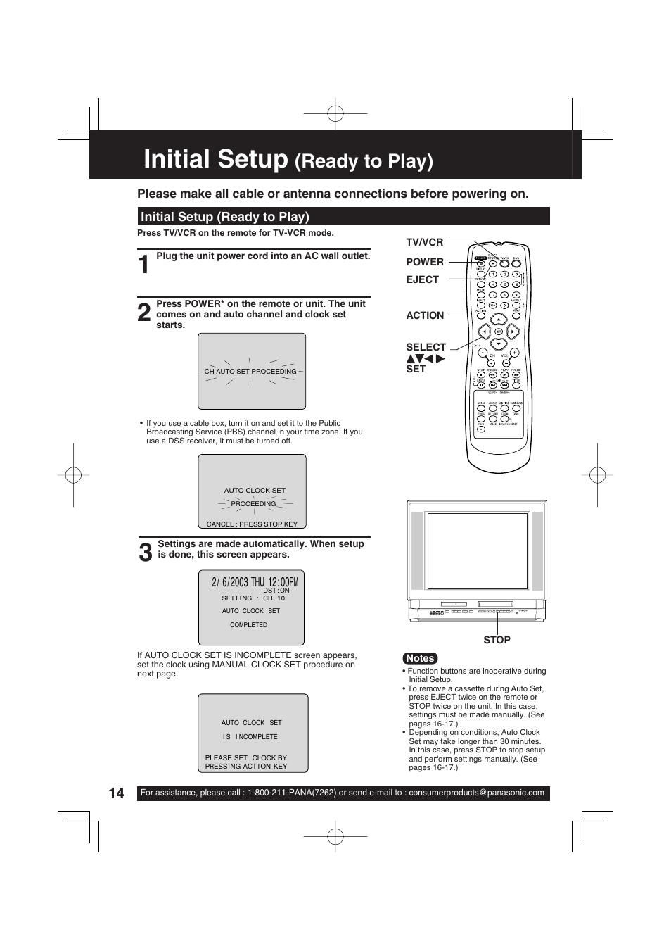 Initial setup (ready to play), Initial setup, Ready to play) | Panasonic PV-DF273 User Manual | Page 14 / 76