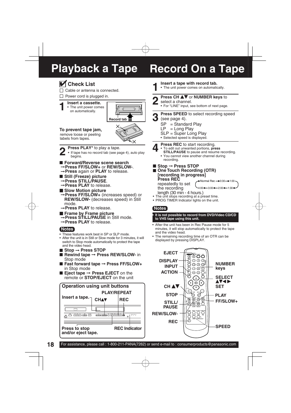 Basic operation, Playback a tape, Record on a tape | Record on a tape playback a tape 1 | Panasonic PV-DF273 User Manual | Page 18 / 76