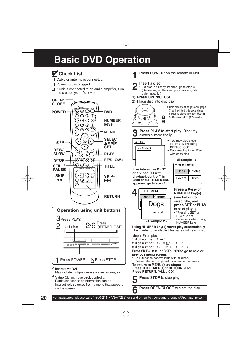 Basic dvd operation, Dogs, Check list | Operation using unit buttons | Panasonic PV-DF273 User Manual | Page 20 / 76