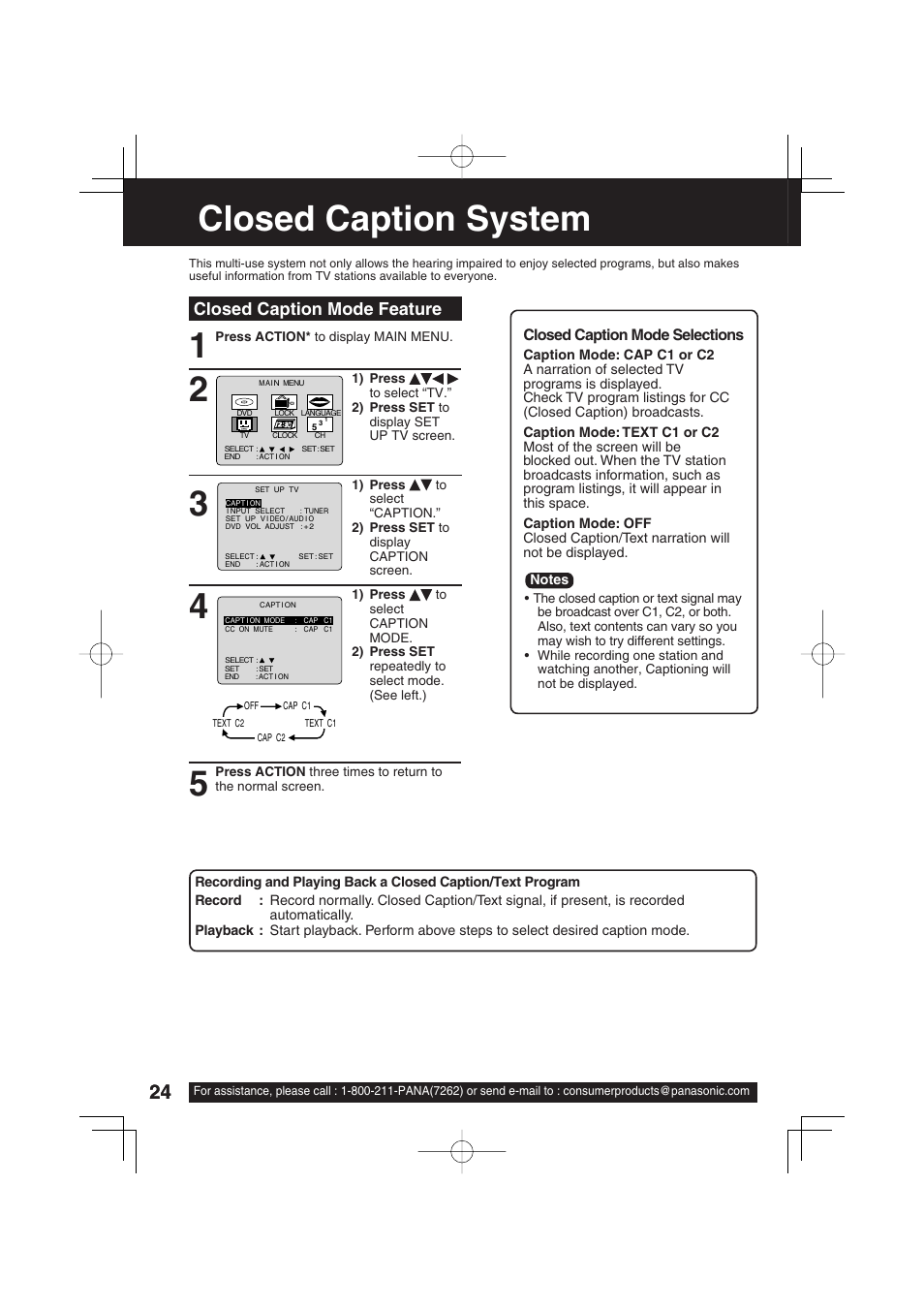 Closed caption system, Closed caption mode feature | Panasonic PV-DF273 User Manual | Page 24 / 76