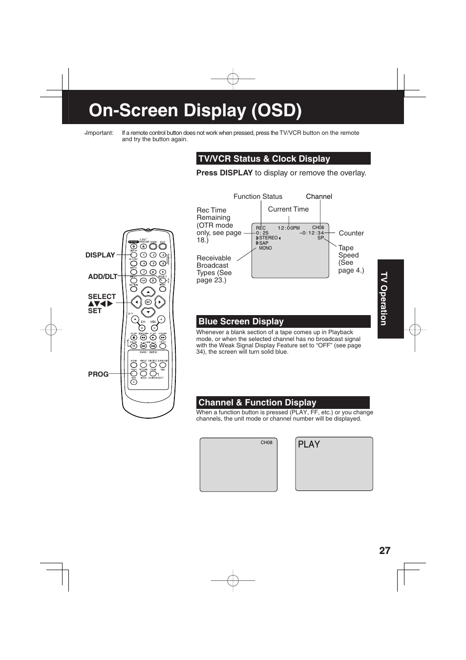 On-screen display (osd), Play, Tv/vcr status & clock display | Blue screen display, Channel & function display | Panasonic PV-DF273 User Manual | Page 27 / 76