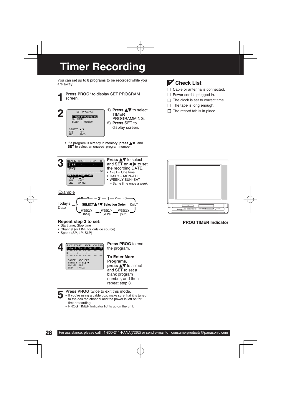 Timer operation, Timer recording, Check list | Panasonic PV-DF273 User Manual | Page 28 / 76