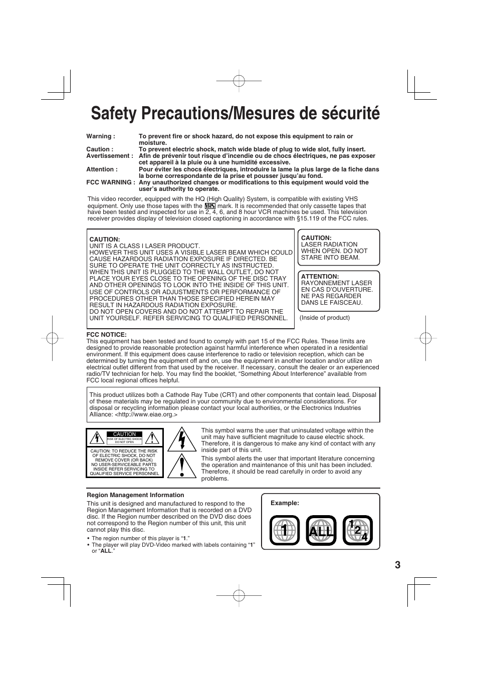 Safety precautions/mesures de securite, Safety precautions/mesures de sécurité | Panasonic PV-DF273 User Manual | Page 3 / 76