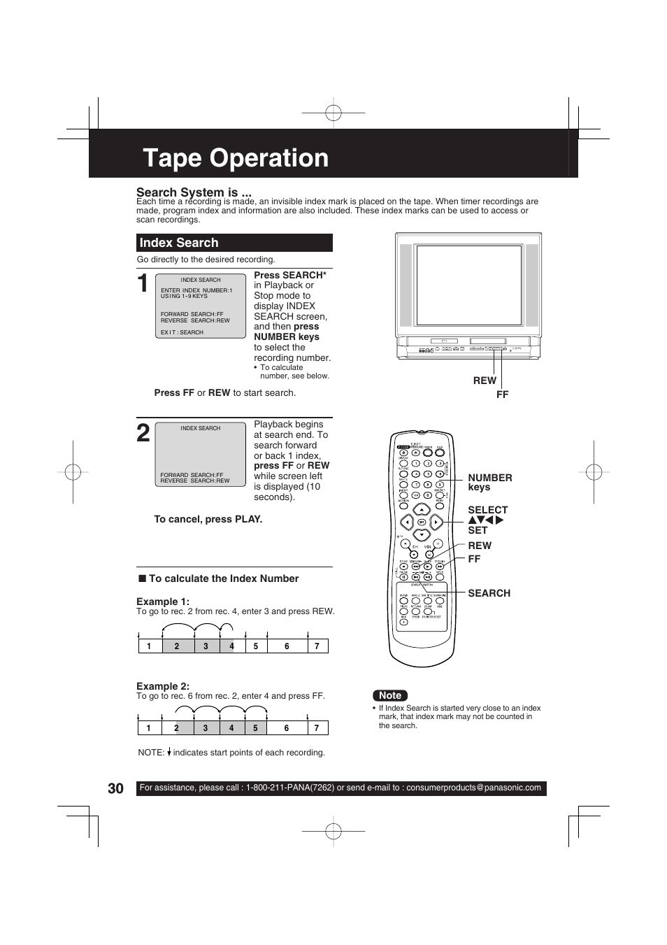 Advanced operation, Tape operation, Index search | Search system is | Panasonic PV-DF273 User Manual | Page 30 / 76