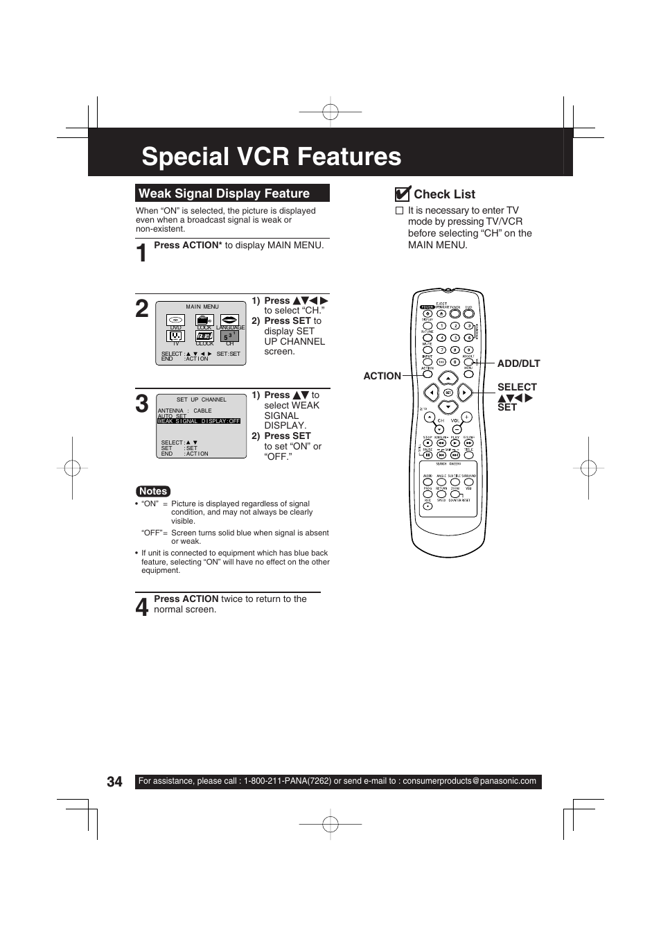 Special vcr features, Weak signal display feature | Panasonic PV-DF273 User Manual | Page 34 / 76