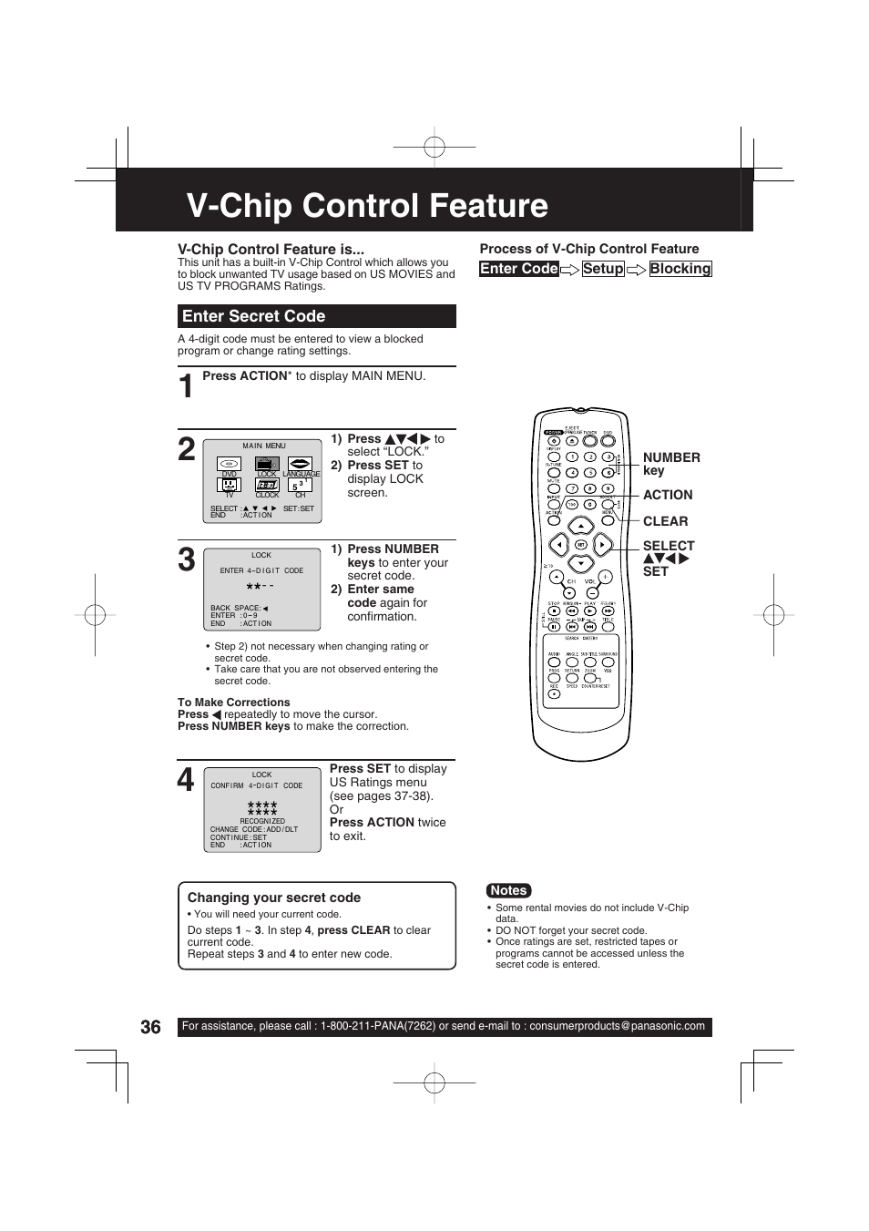 V-chip control feature, Enter secret code | Panasonic PV-DF273 User Manual | Page 36 / 76