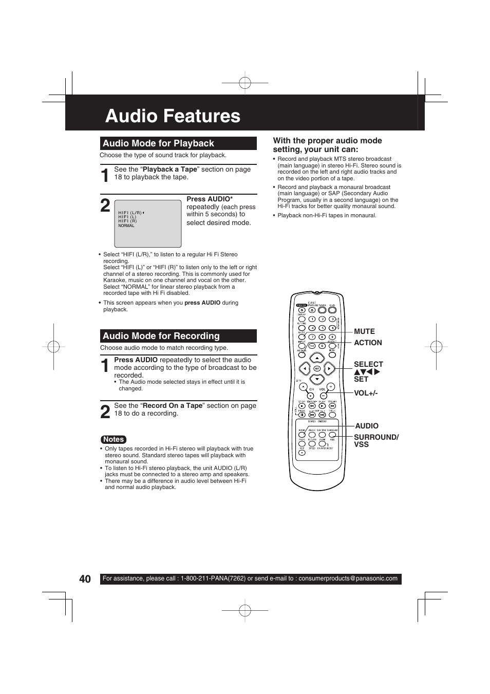 Audio features | Panasonic PV-DF273 User Manual | Page 40 / 76