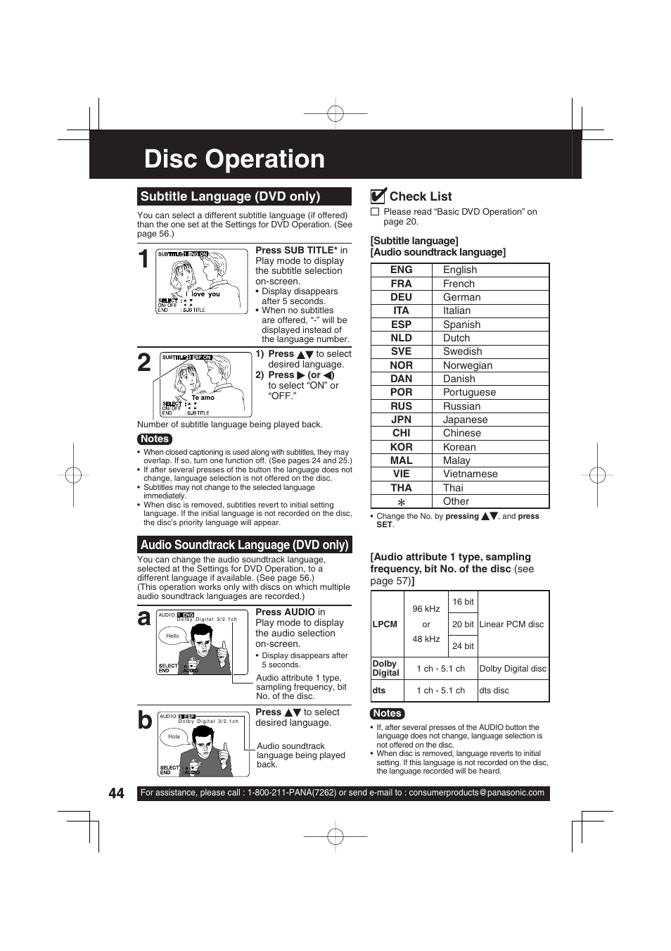 Disc operation, 12 a b, Subtitle language (dvd only) | Audio soundtrack language (dvd only), Check list | Panasonic PV-DF273 User Manual | Page 44 / 76