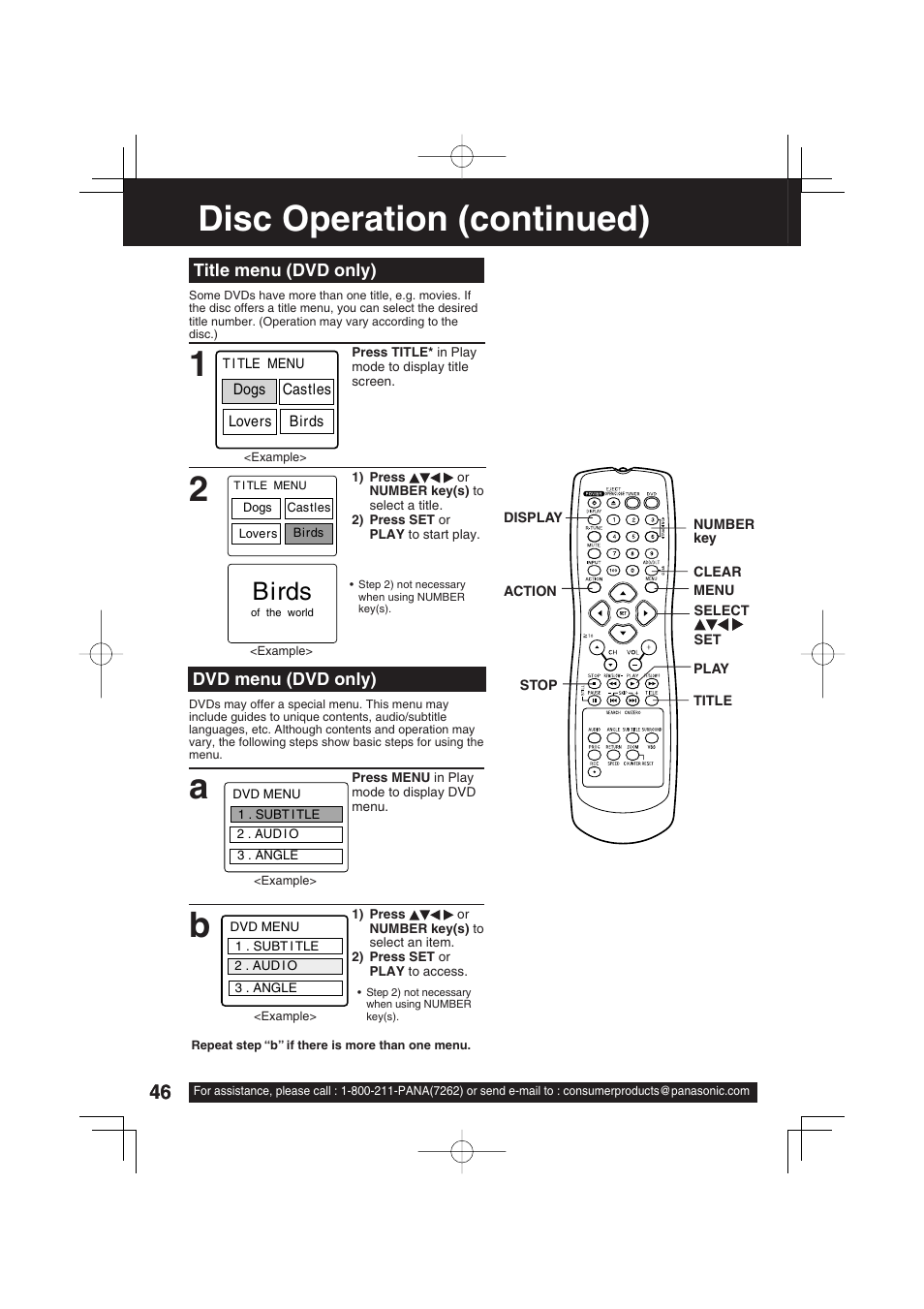 Disc operation (continued), Title menu (dvd only), Dvd menu (dvd only) | Panasonic PV-DF273 User Manual | Page 46 / 76