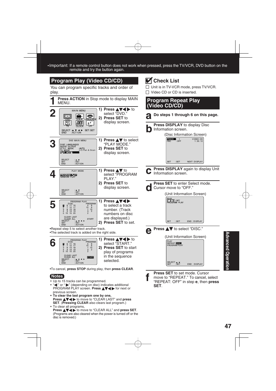 Program play (video cd/cd), Program repeat play (video cd/cd), Check list | Ad vanced operation | Panasonic PV-DF273 User Manual | Page 47 / 76