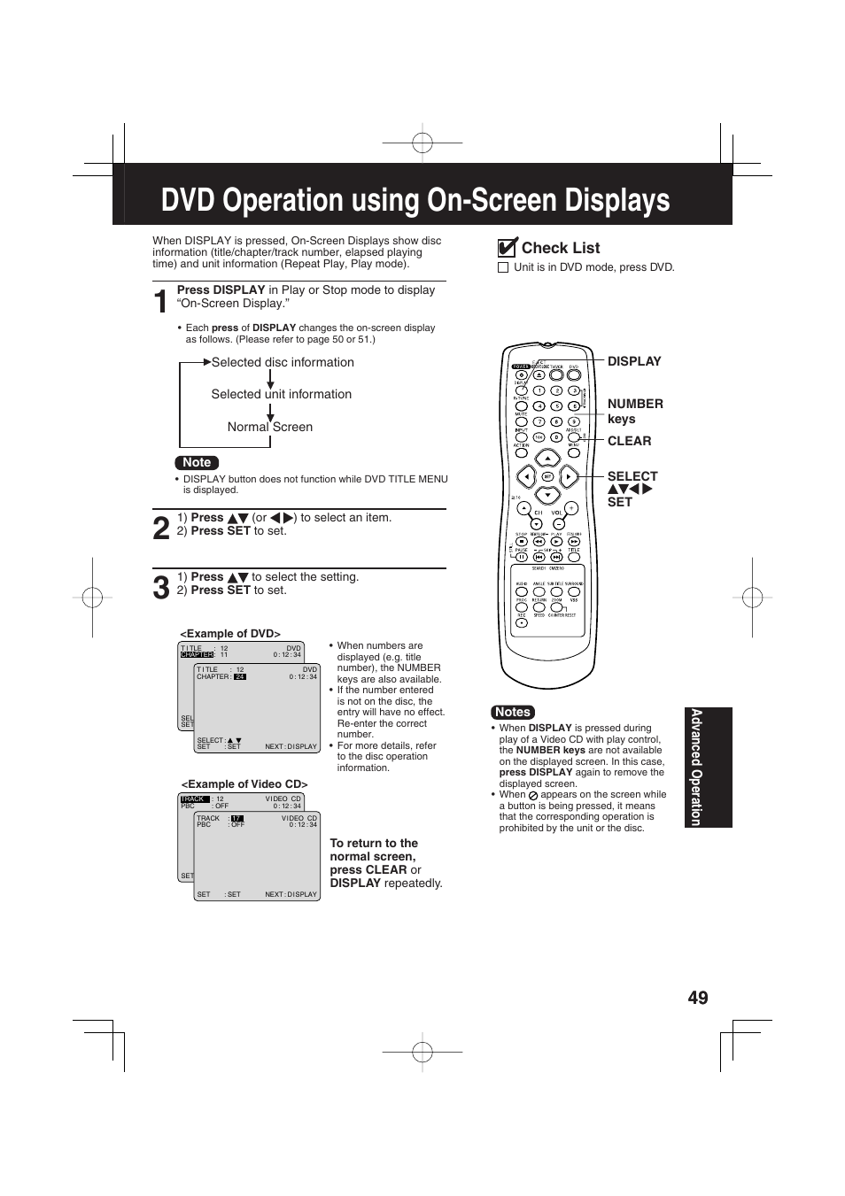 Dvd operation using on-screen displays, Check list, Ad vanced operation | Panasonic PV-DF273 User Manual | Page 49 / 76