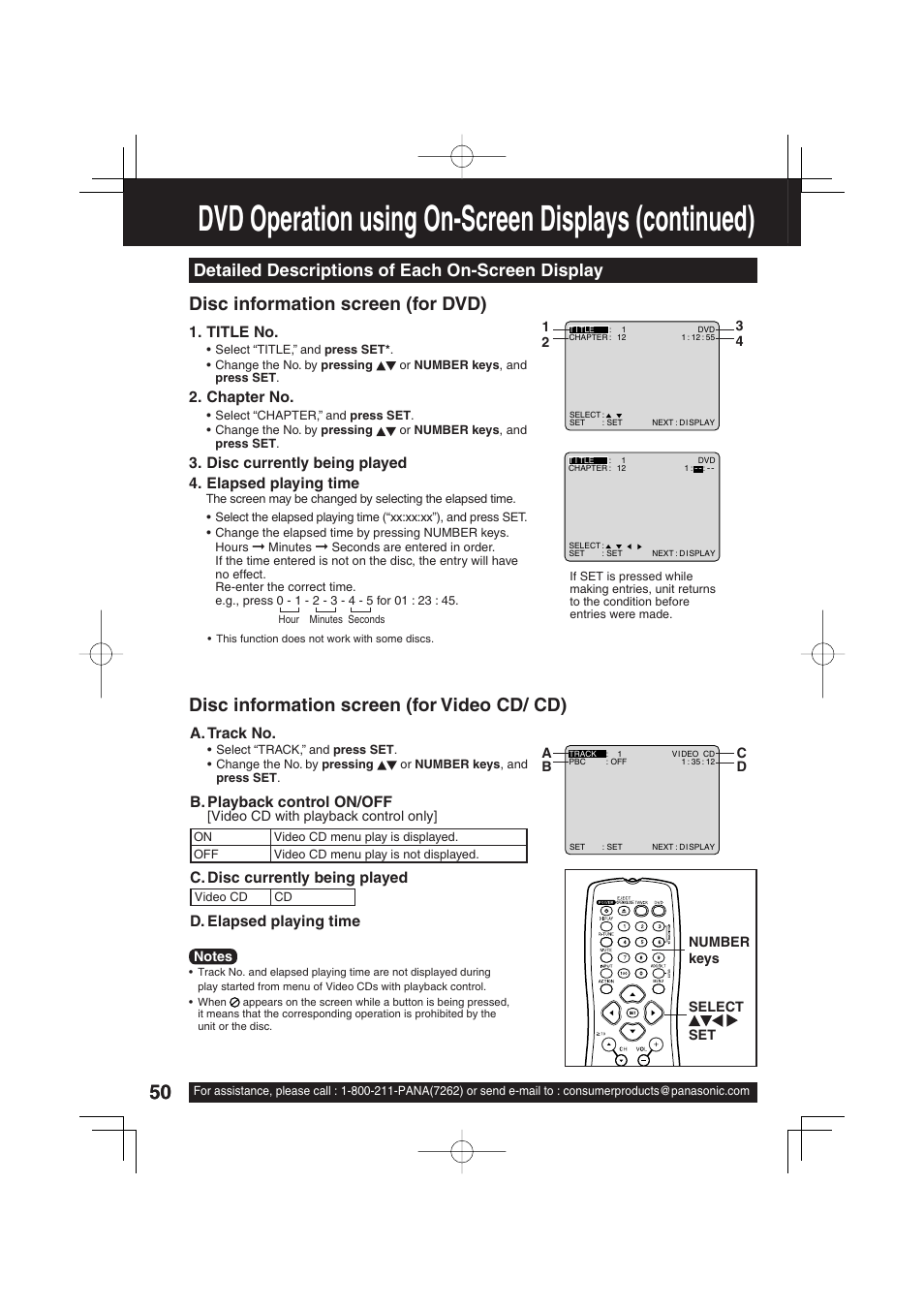 Dvd operation using on-screen displays (continued), Detailed descriptions of each on-screen display | Panasonic PV-DF273 User Manual | Page 50 / 76