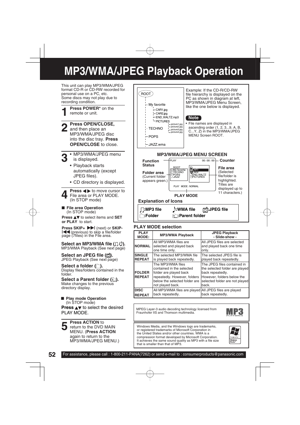 Mp3/wma/jpeg playback operation | Panasonic PV-DF273 User Manual | Page 52 / 76