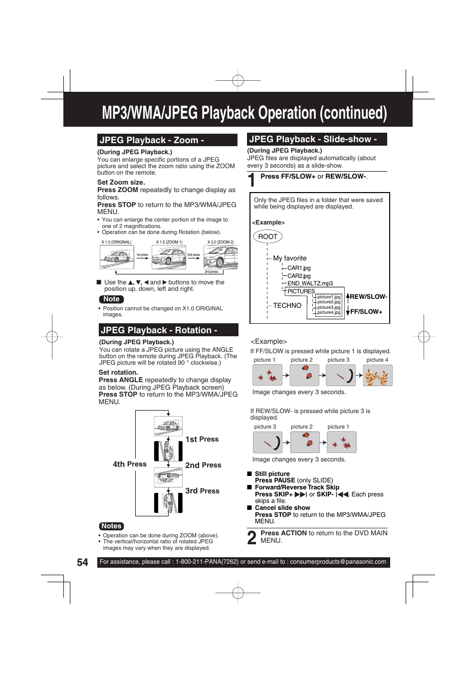 Mp3/wma/jpeg playback operation (continued), Jpeg playback - slide-show, Jpeg playback - zoom - jpeg playback - rotation | Panasonic PV-DF273 User Manual | Page 54 / 76