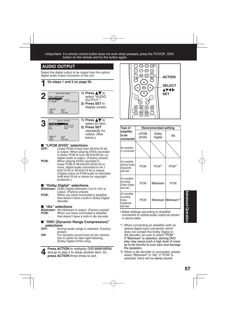 Audio output, Ad vanced operation | Panasonic PV-DF273 User Manual | Page 57 / 76