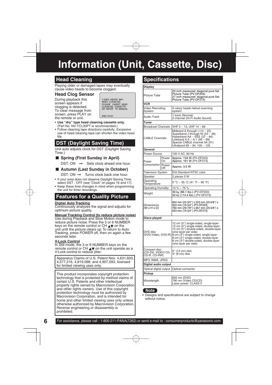 Information (unit, cassette, disc), Head cleaning, Dst (daylight saving time) | Features for a quality picture, Specifi cations, Head clog sensor | Panasonic PV-DF273 User Manual | Page 6 / 76