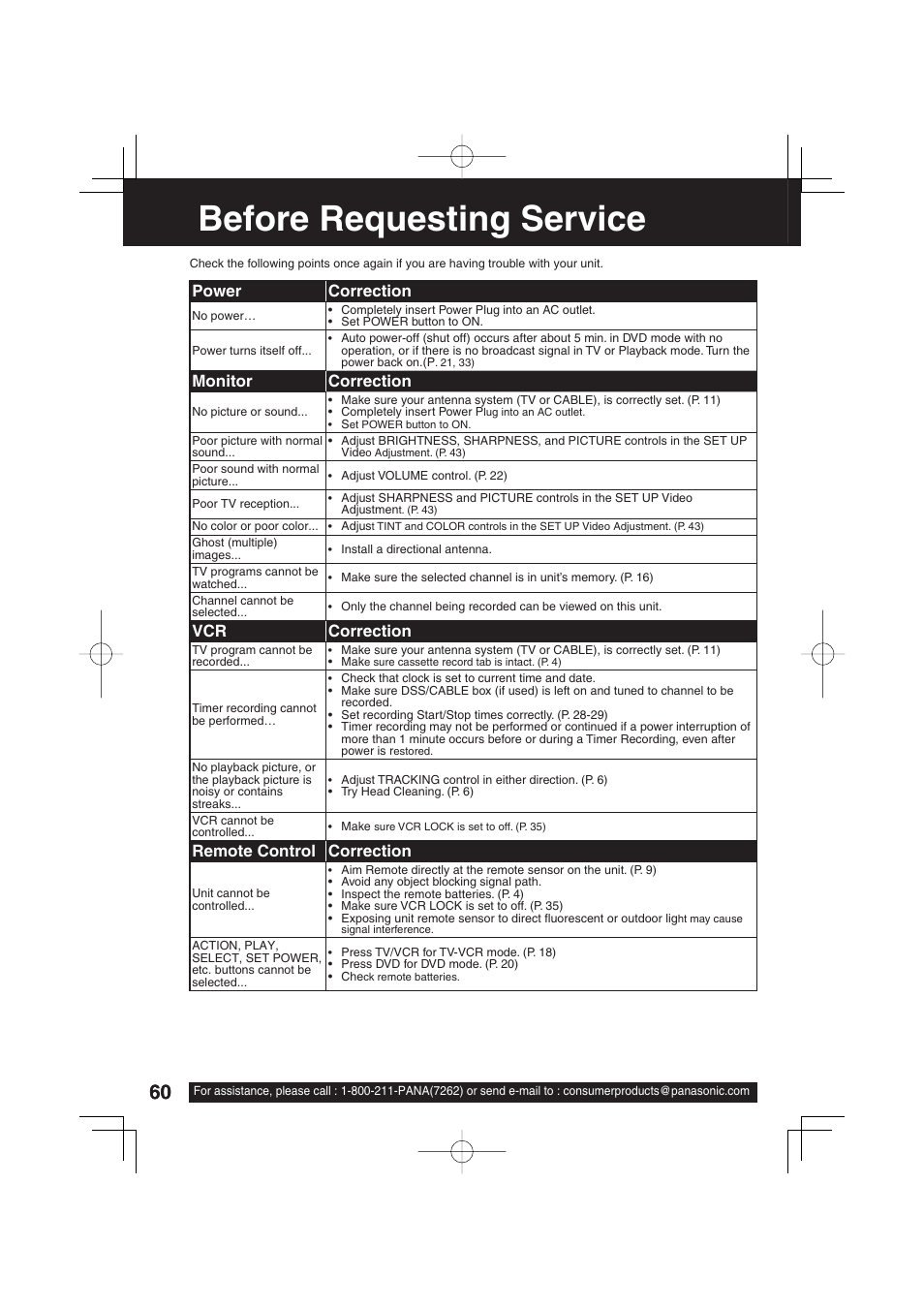 Before requesting service, Power correction, Monitor correction | Vcr correction, Remote control correction | Panasonic PV-DF273 User Manual | Page 60 / 76