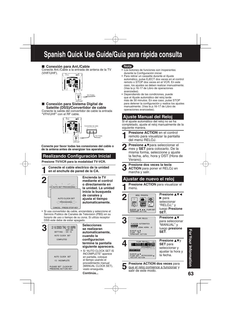 Spanish quick use guide/guia para rapida consulta, Spanish quick use guide/guía para rápida consulta, Realizando confi guración inicial | Ajustar de nuevo el reloj, Ajuste manual del reloj | Panasonic PV-DF273 User Manual | Page 63 / 76