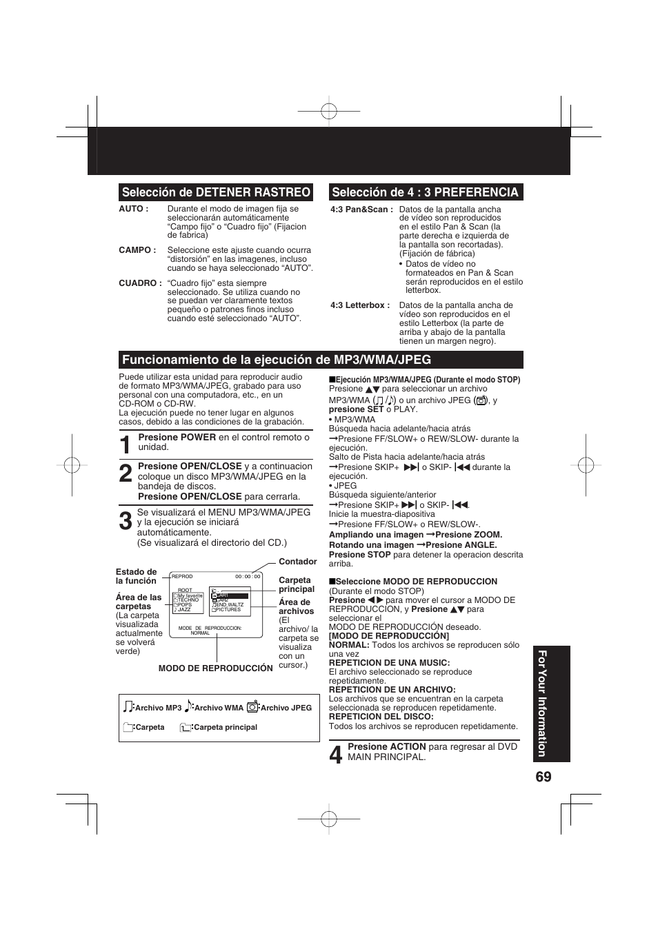 Selección de detener rastreo, Selección de 4 : 3 preferencia, Funcionamiento de la ejecución de mp3/wma/jpeg | Panasonic PV-DF273 User Manual | Page 69 / 76