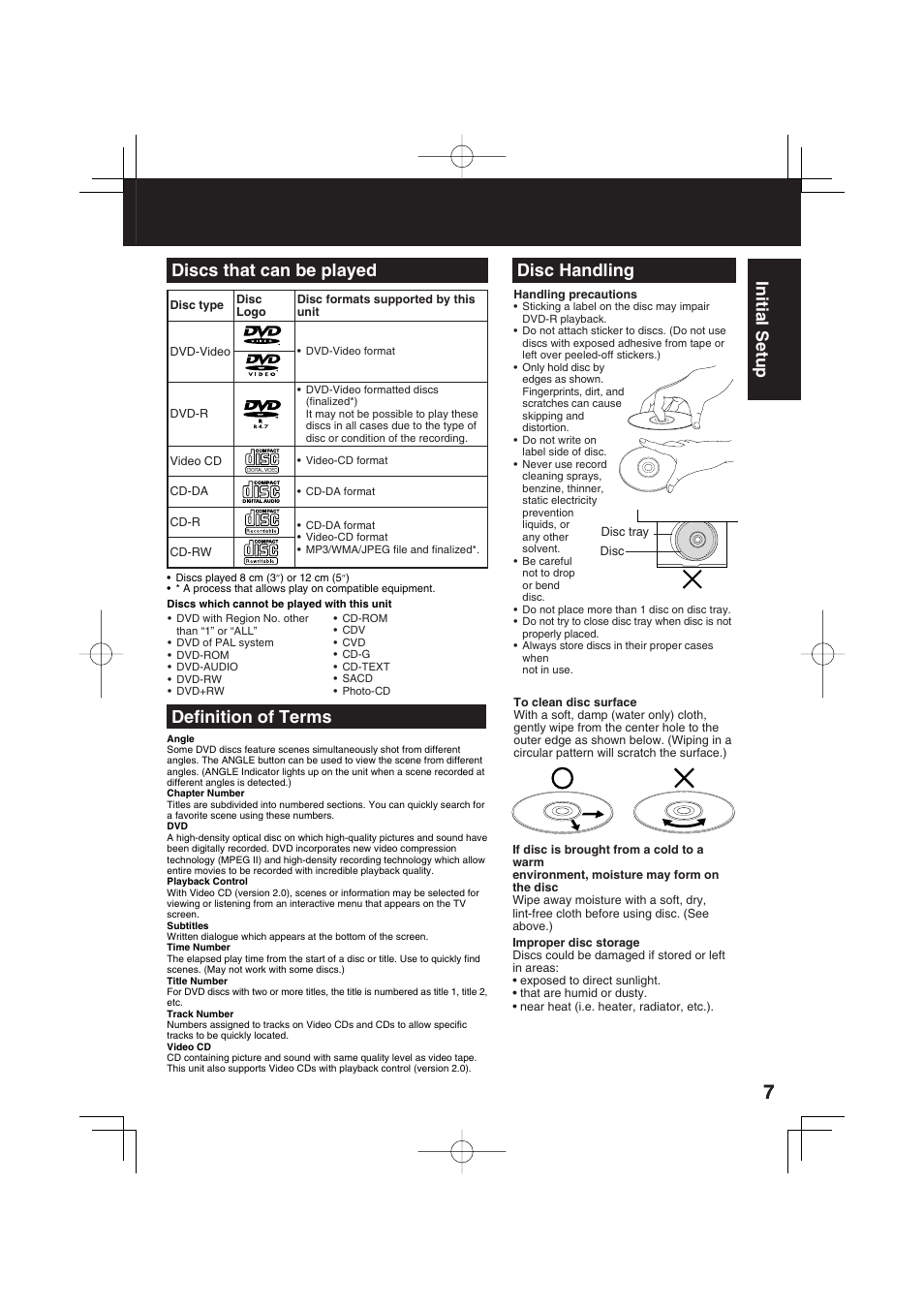 Disc handling, Defi nition of terms discs that can be played, Initial setup | Panasonic PV-DF273 User Manual | Page 7 / 76