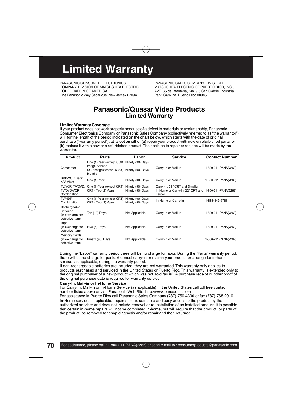 Limited warranty, Panasonic/quasar video products | Panasonic PV-DF273 User Manual | Page 70 / 76