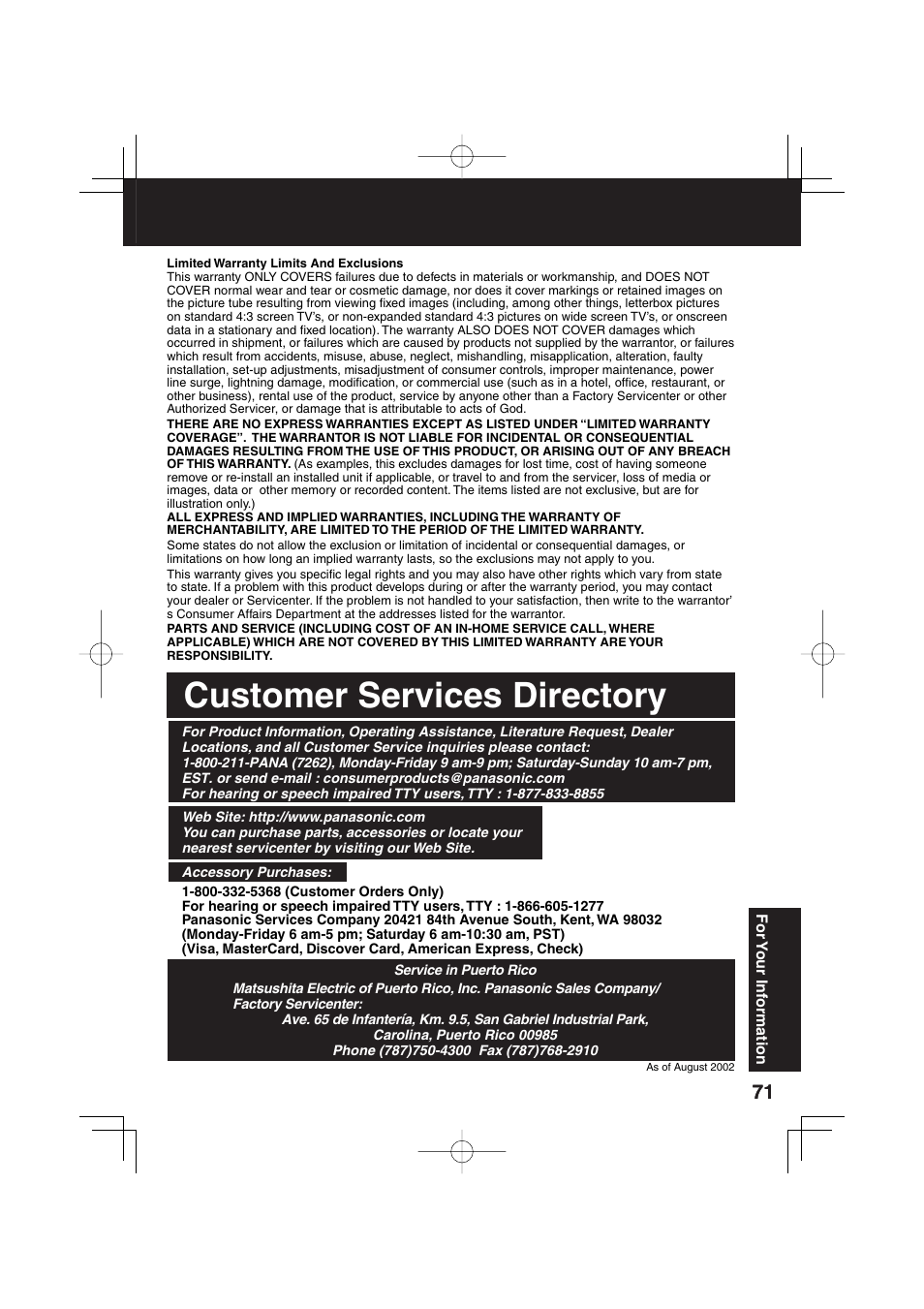 Customer services directory | Panasonic PV-DF273 User Manual | Page 71 / 76