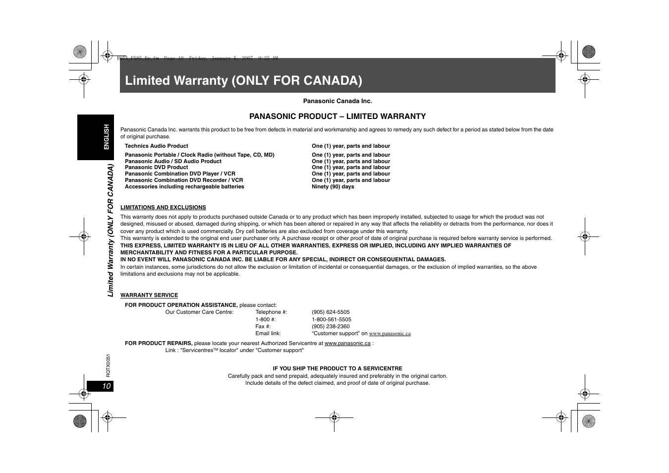 Limited warranty (only for canada) | Panasonic SH-FX85 User Manual | Page 10 / 12