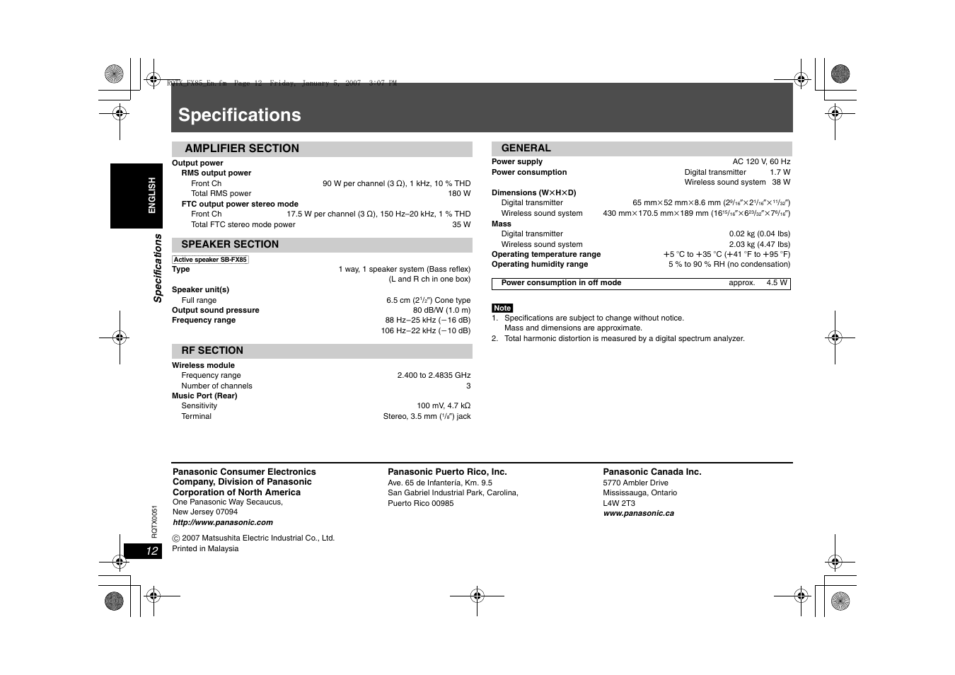 Specifications | Panasonic SH-FX85 User Manual | Page 12 / 12