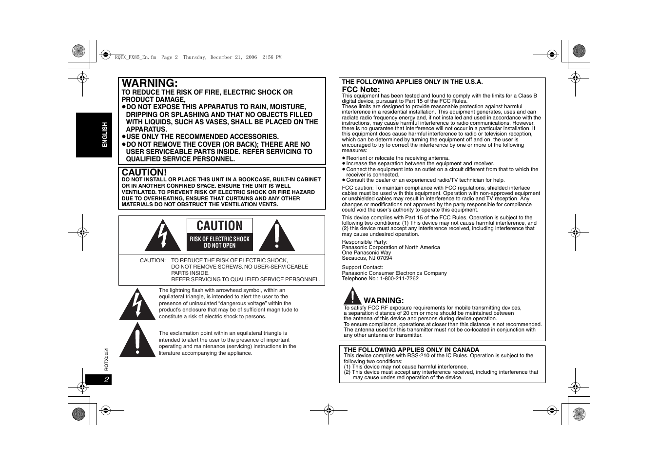 Warning, Caution | Panasonic SH-FX85 User Manual | Page 2 / 12